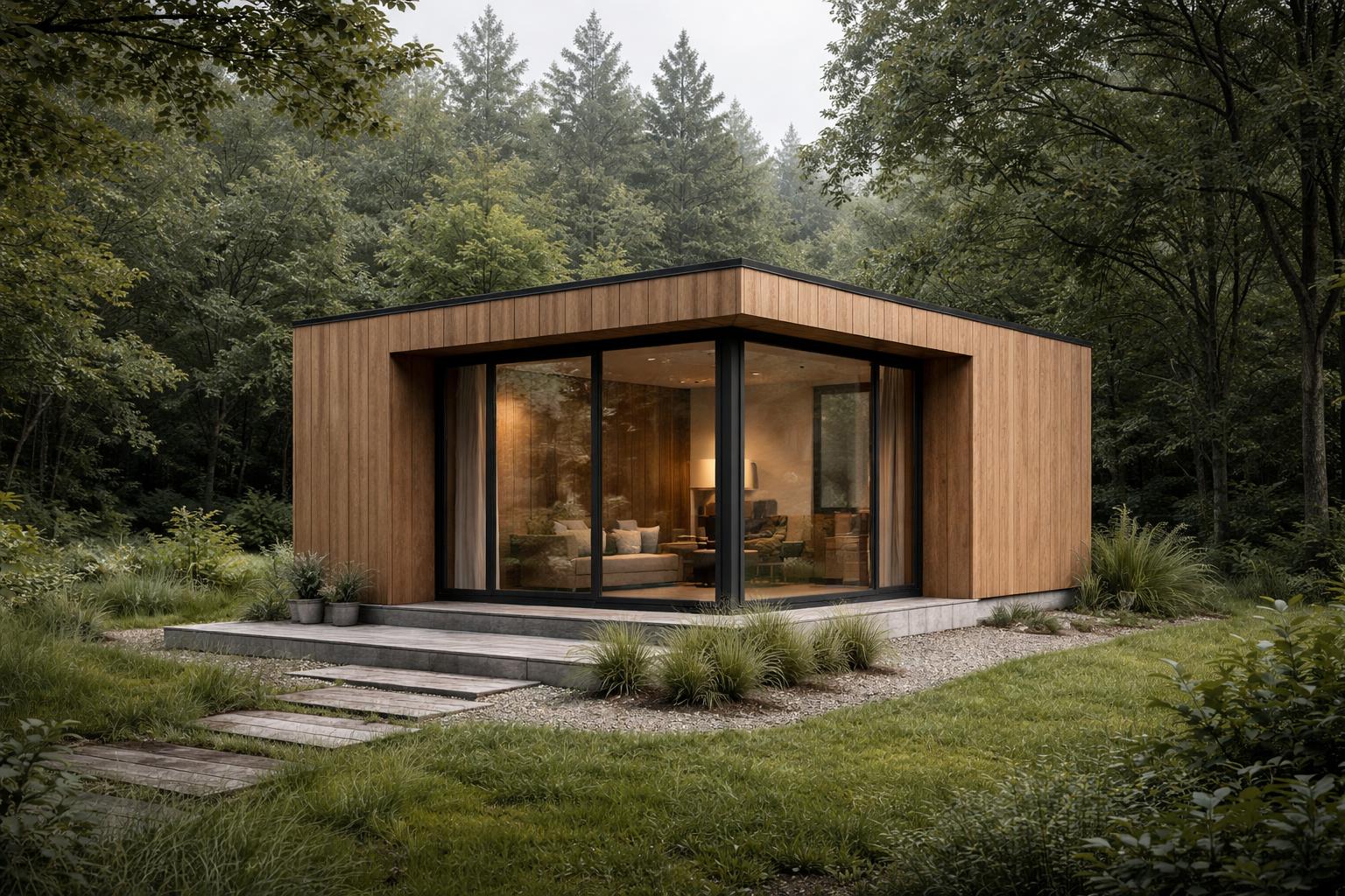 Casa de madera moderna y elegante en paisaje verde