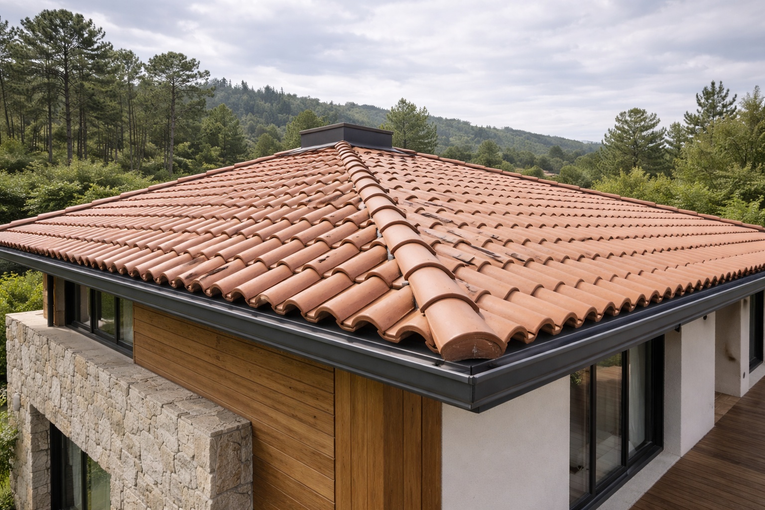 Tejado con teja y canalón en Galicia